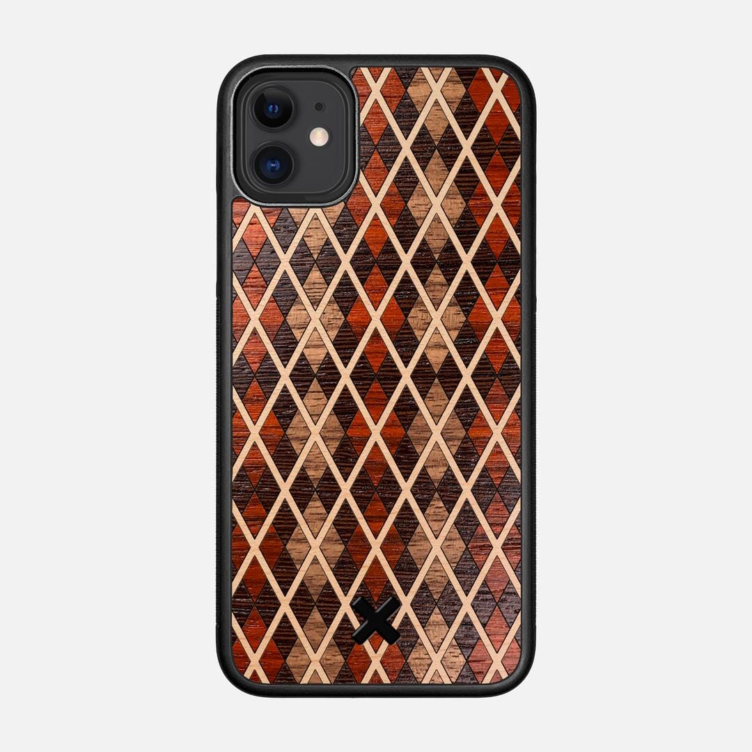 Argyle Case for the Apple iPhone 11 featuring a Walnut, Padauk, Wenge, and Maple Wood backer with the Keyway X Mark#Phone Model_iPhone 11