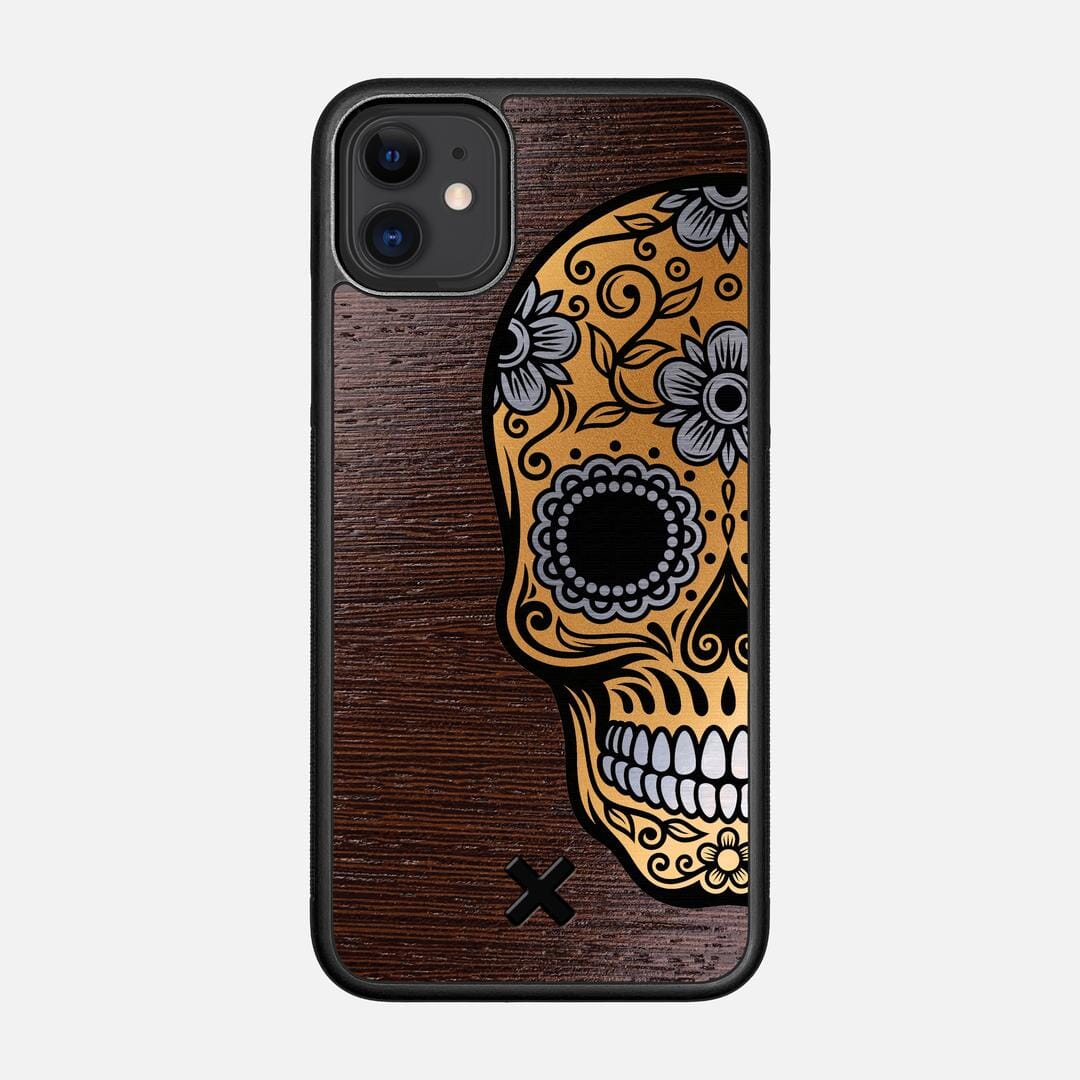 Calavera Case for the Apple iPhone 11 featuring an Engraved Gold and Wenge Wood backer with the Keyway X Mark#Phone Model_iPhone 11