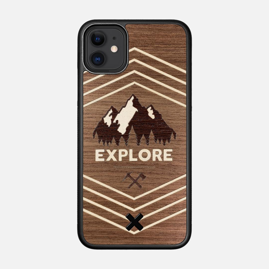 Explore Case for the Apple iPhone 11 featuring a Wenge and Maple Mountain Range inlay on a Walnut Wood backer with the Keyway X Mark#Phone Model_iPhone 11