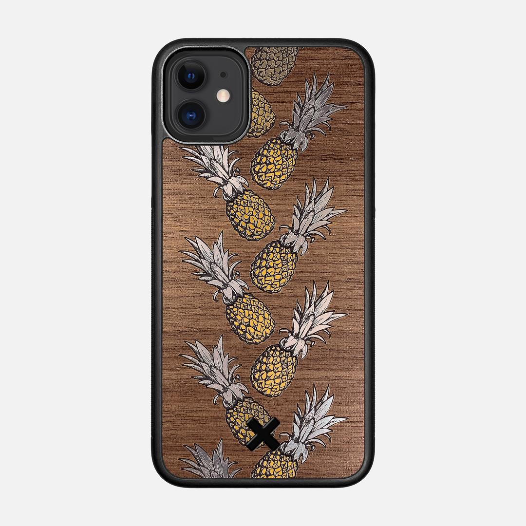 Pineapple Case for the Apple iPhone 11 featuring a repeating gold and silver Pineapple inlay on a Walnut Wood backer with the Keyway X Mark#Phone Model_iPhone 11