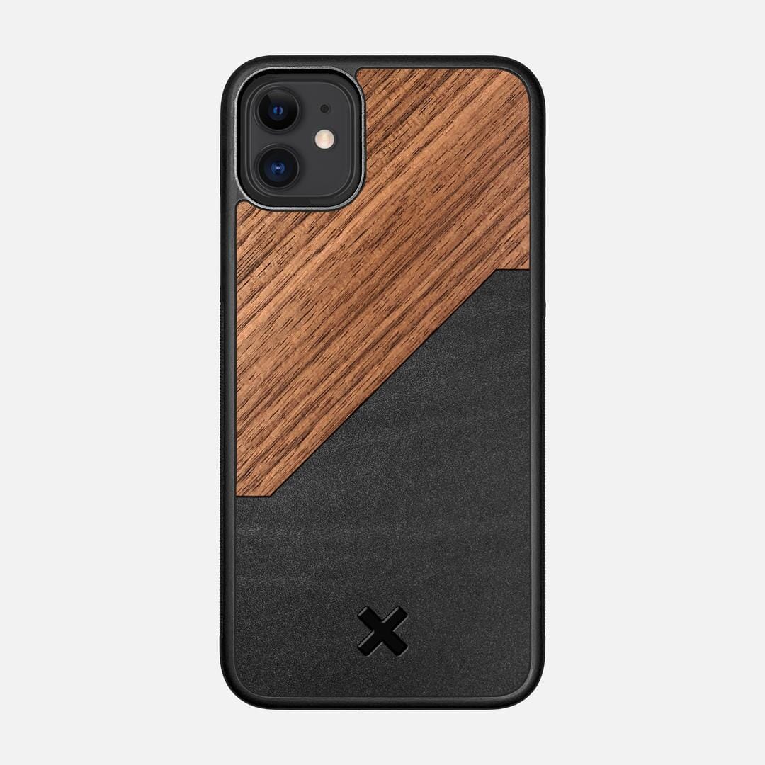 Walnut Rift Case for the Apple iPhone 11 featuring a Genuine Leather and Walnut Wood backer with the Keyway X Mark#Phone Model_iPhone 11