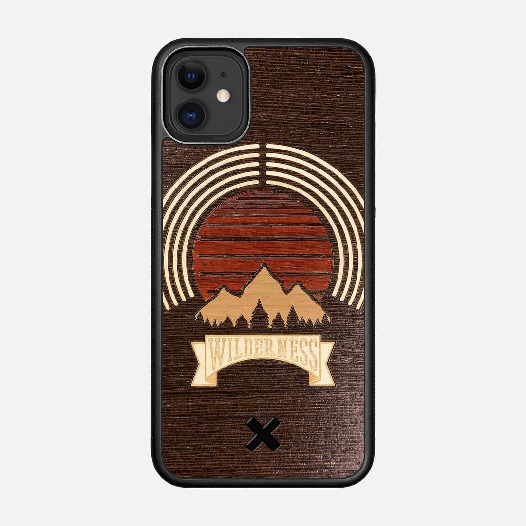 Wilderness Case for the Apple iPhone 11 featuring a Maple, Padauk, and Cherry Sunset inlay on a Wenge Wood backer with the Keyway X Mark#Phone Model_iPhone 11