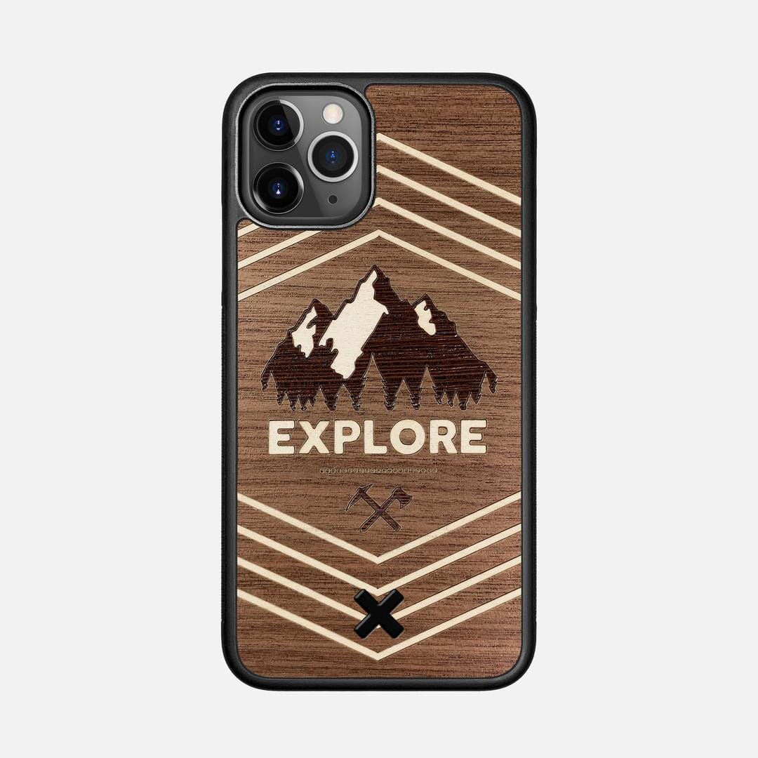 Explore Case for the Apple iPhone 11 Pro featuring a Wenge and Maple Mountain Range inlay on a Walnut Wood backer with the Keyway X Mark#Phone Model_iPhone 11 Pro