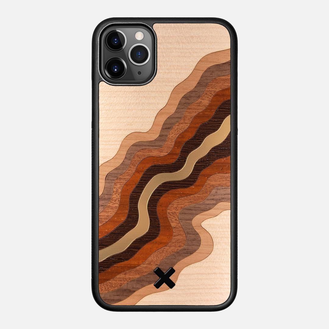 Canyon Case for the Apple iPhone 11 Pro Max featuring a flowing Gold, Maple, Cherry, Walnut, Sapele, Padauk, and Wenge Wood backer with the Keyway X Mark#Phone Model_iPhone 11 Pro Max