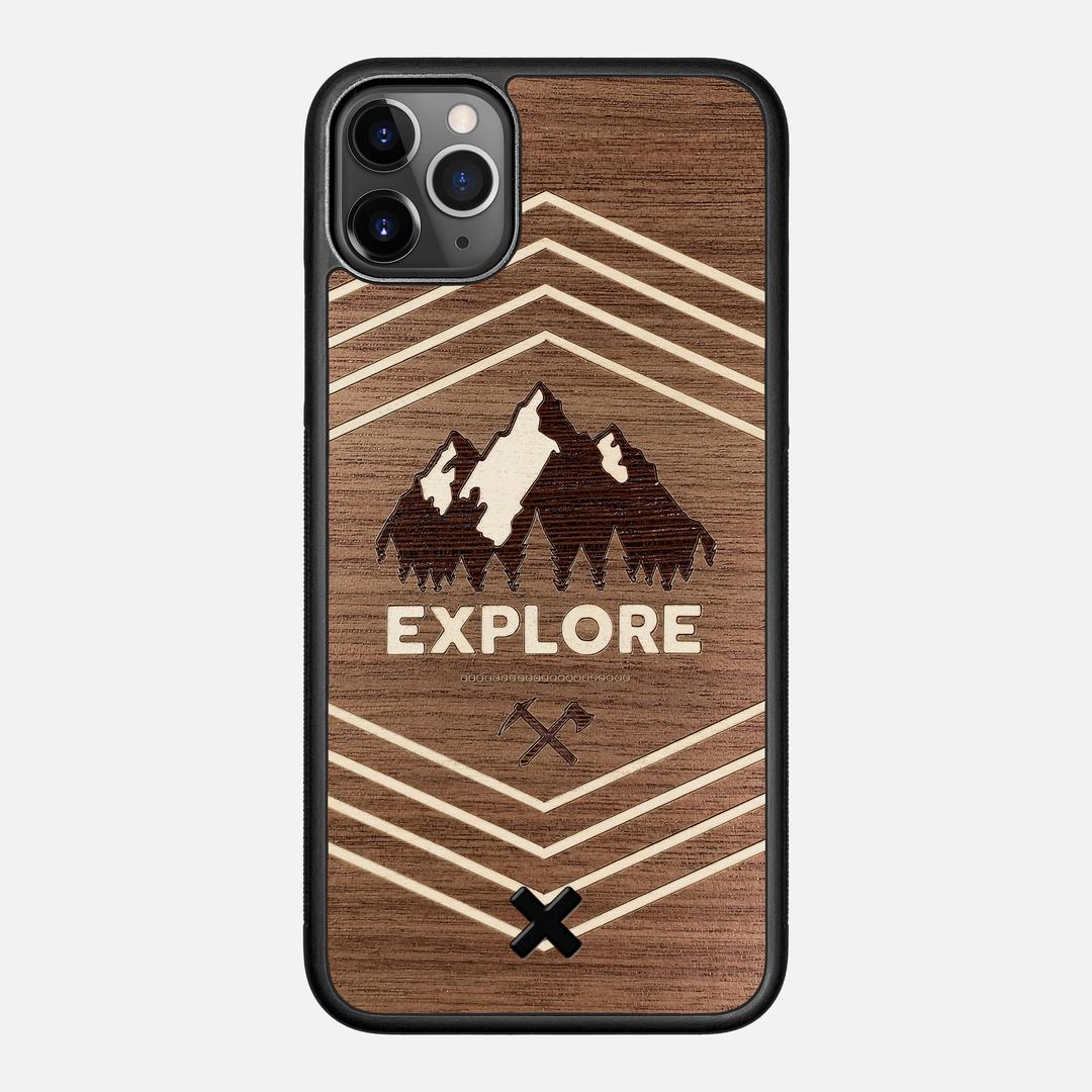 Explore Case for the Apple iPhone 11 Pro Max featuring a Wenge and Maple Mountain Range inlay on a Walnut Wood backer with the Keyway X Mark#Phone Model_iPhone 11 Pro Max
