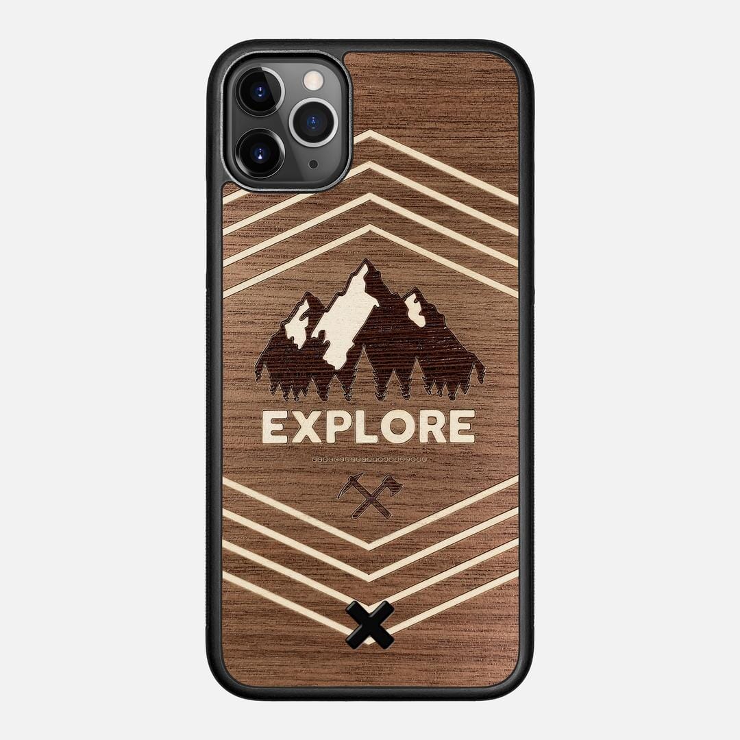 Explore Case for the Apple iPhone 11 Pro Max featuring a Wenge and Maple Mountain Range inlay on a Walnut Wood backer with the Keyway X Mark#Phone Model_iPhone 11 Pro Max