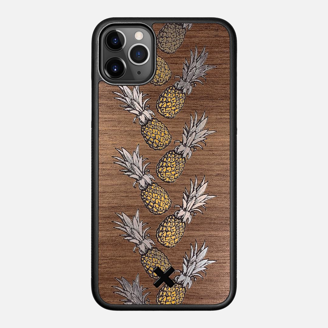 Pineapple Case for the Apple iPhone 11 Pro Max featuring a repeating gold and silver Pineapple inlay on a Walnut Wood backer with the Keyway X Mark#Phone Model_iPhone 11 Pro Max