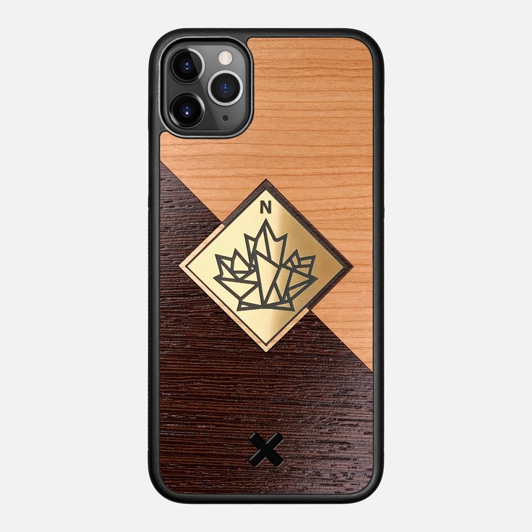 True North Case for the Apple iPhone 11 Pro Max featuring an Engraved Gold, Cherry, and Wenge Wood backer with the Keyway X Mark#Phone Model_iPhone 11 Pro Max