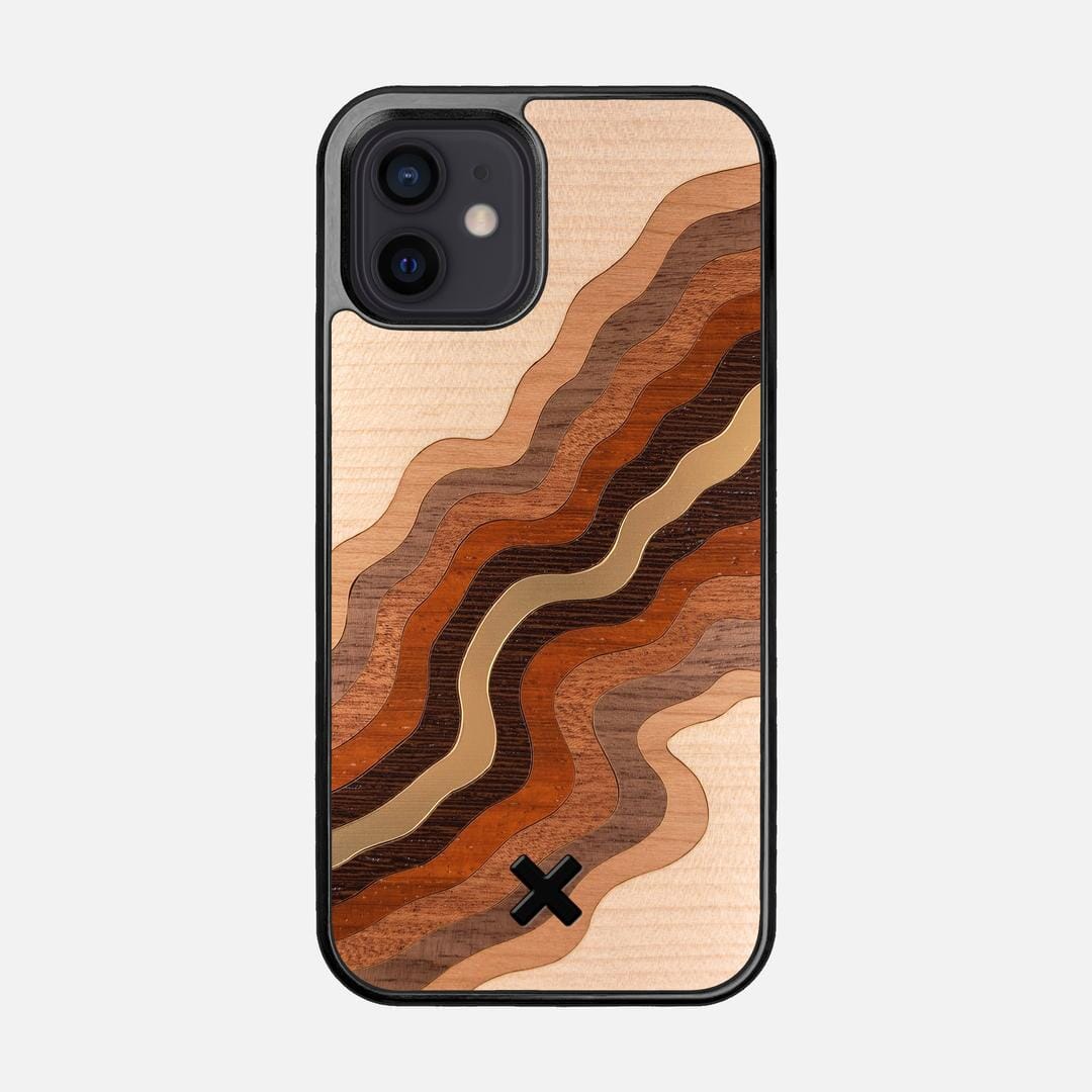 Canyon Case for the Apple iPhone 12 featuring a flowing Gold, Maple, Cherry, Walnut, Sapele, Padauk, and Wenge Wood backer with the Keyway X Mark#Phone Model_iPhone 12