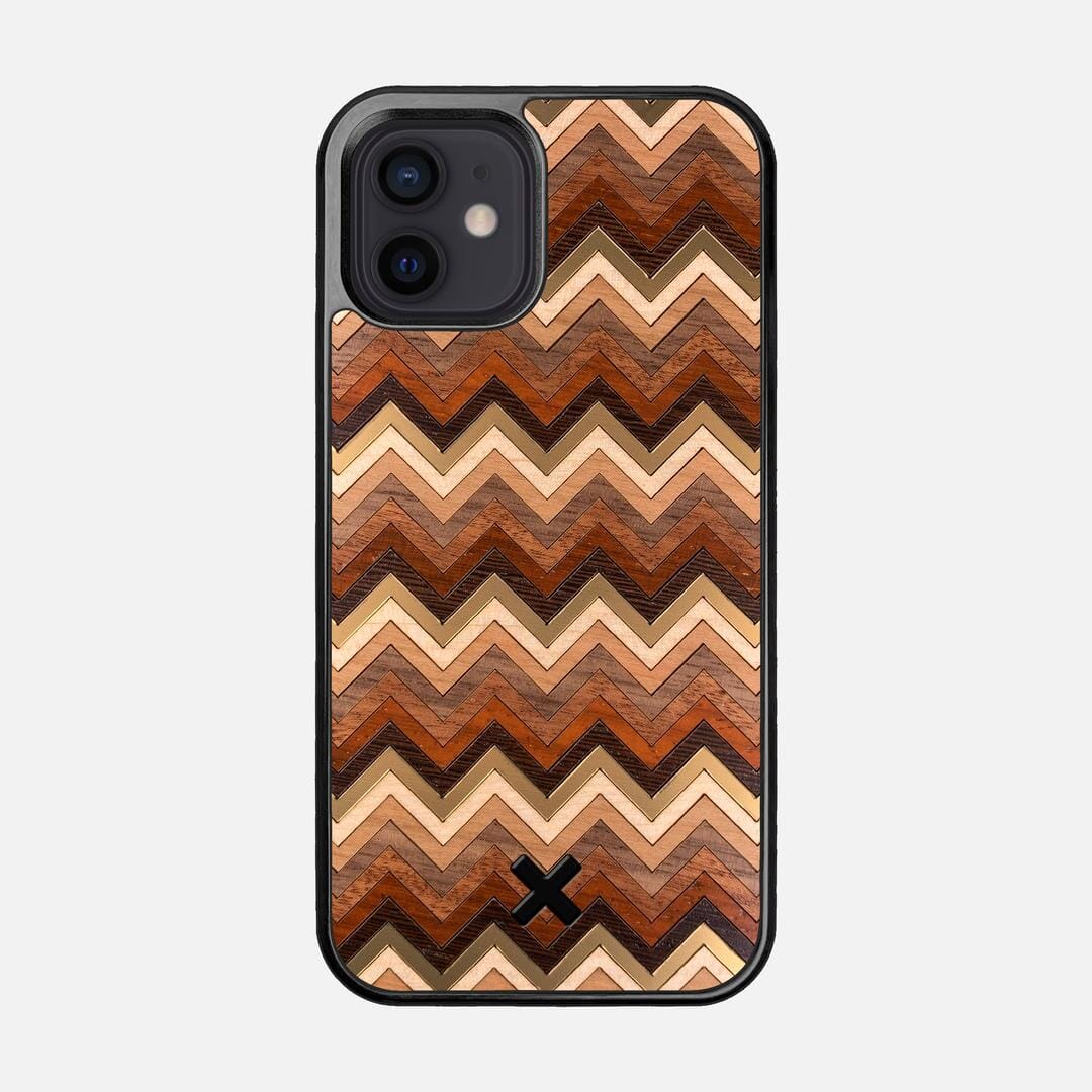 Echo Case for the Apple iPhone 12 featuring a zigzag Gold, Maple, Cherry, Walnut, Sapele, Padauk, and Wenge Wood backer with the Keyway X Mark#Phone Model_iPhone 12