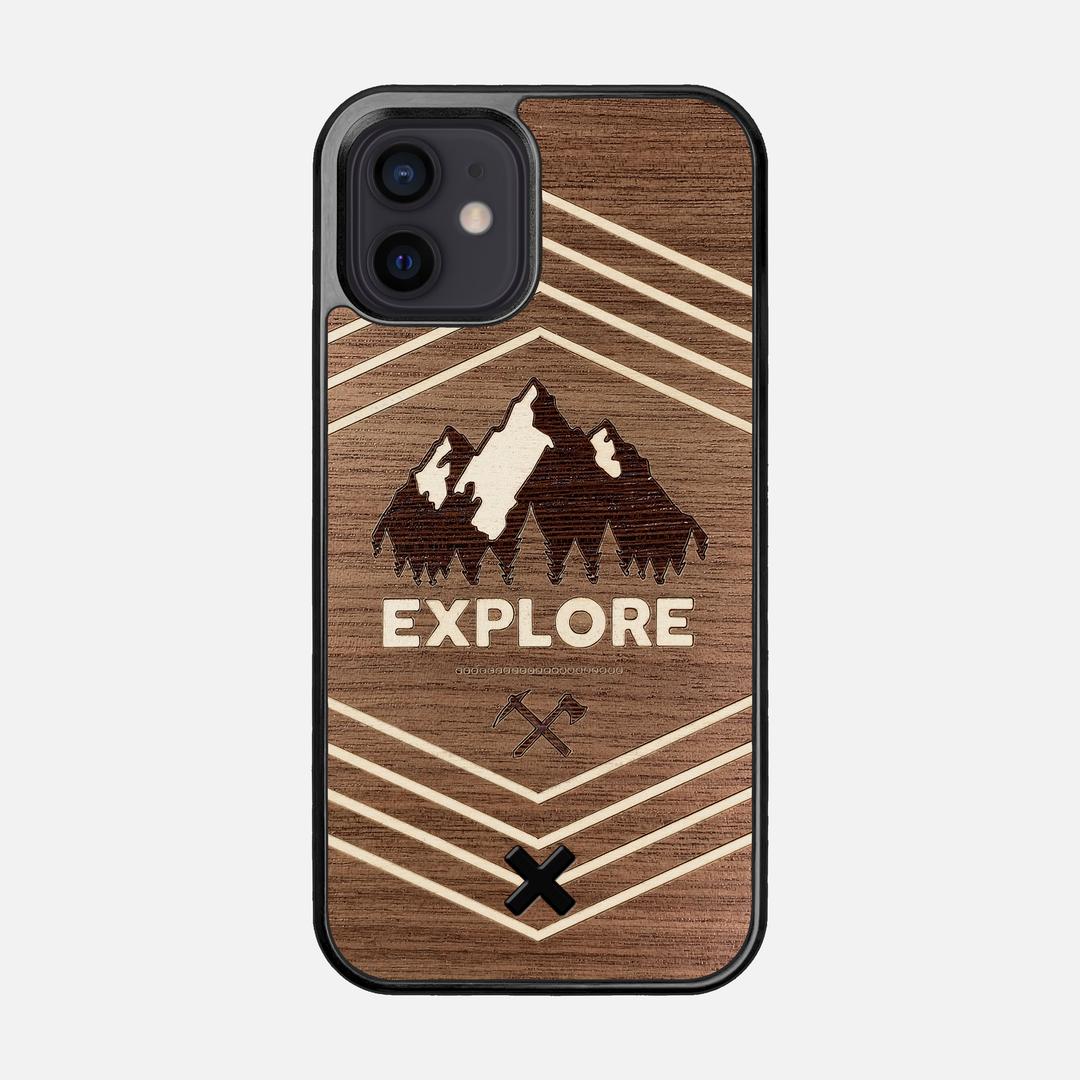 Explore Case for the Apple iPhone 12 featuring a Wenge and Maple Mountain Range inlay on a Walnut Wood backer with the Keyway X Mark#Phone Model_iPhone 12