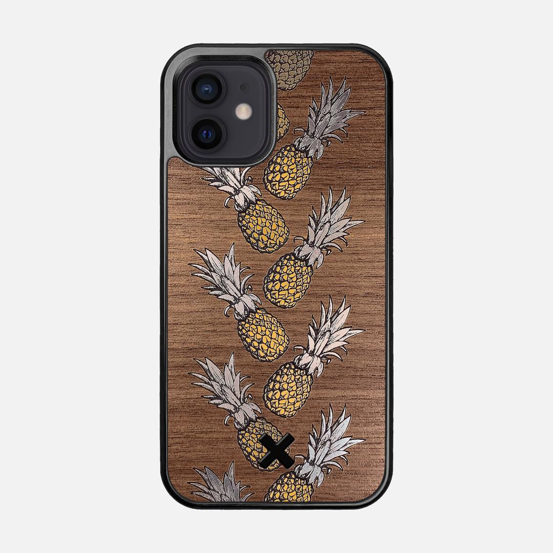 Pineapple Case for the Apple iPhone 12 featuring a repeating gold and silver Pineapple inlay on a Walnut Wood backer with the Keyway X Mark#Phone Model_iPhone 12