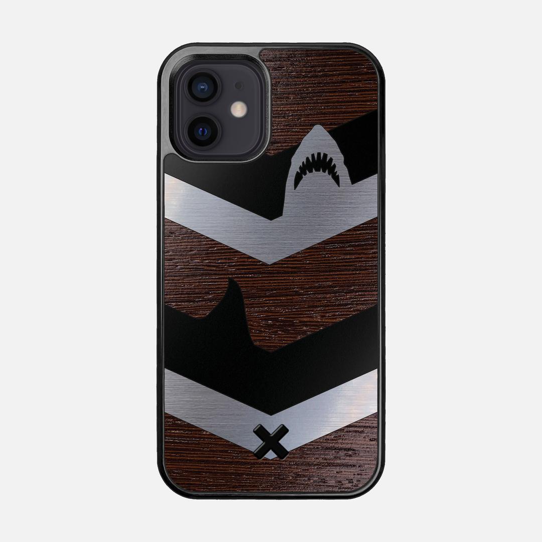Shark Chevron Case for the Apple iPhone 12 featuring an Engraved Silver and Wenge Wood backer with the Keyway X Mark#Phone Model_iPhone 12