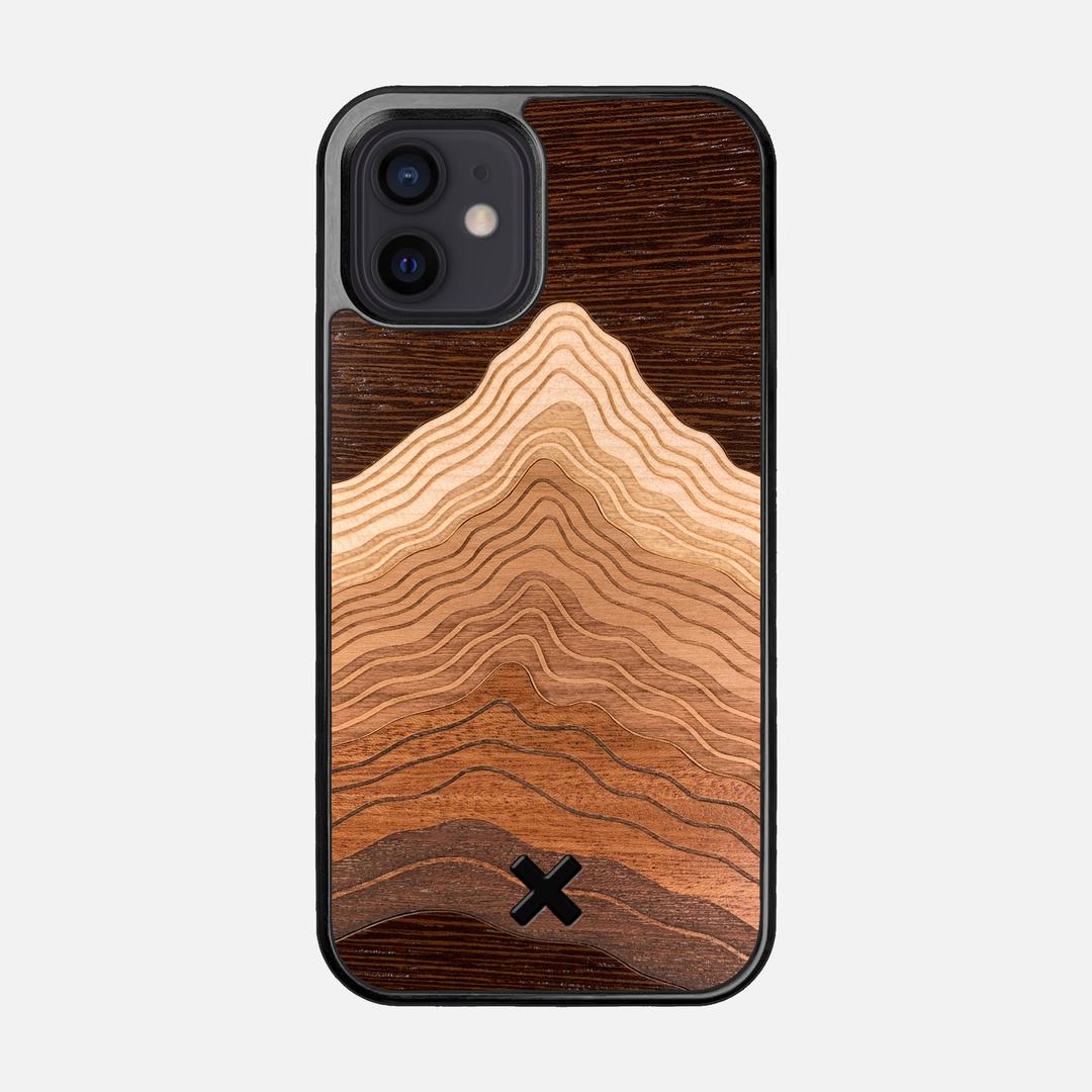 Summit Case for the Apple iPhone 12 featuring a mountain of Wenge, Maple, Cherry, and Sapele Wood backer with the Keyway X Mark#Phone Model_iPhone 12