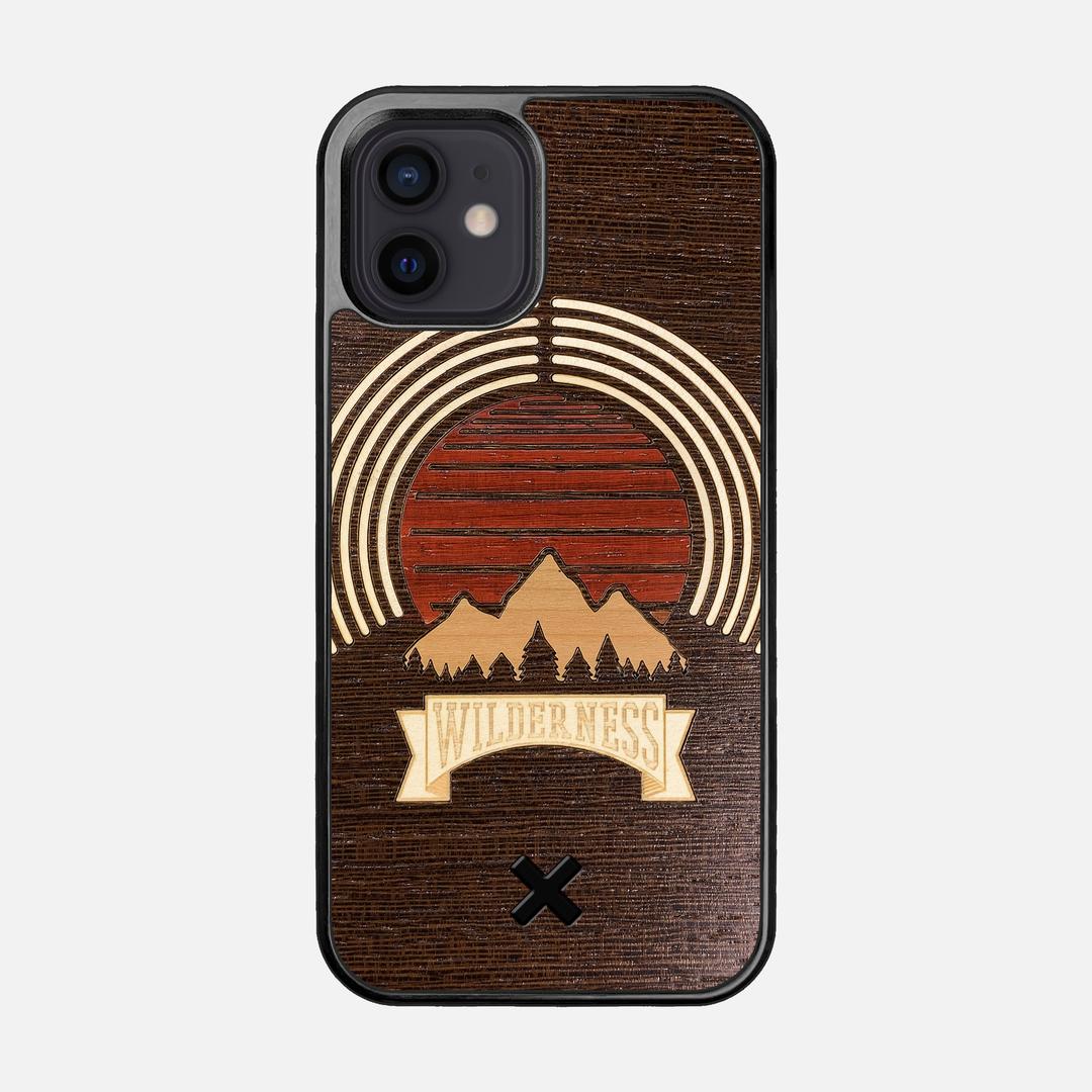 Wilderness Case for the Apple iPhone 12 featuring a Maple, Padauk, and Cherry Sunset inlay on a Wenge Wood backer with the Keyway X Mark#Phone Model_iPhone 12