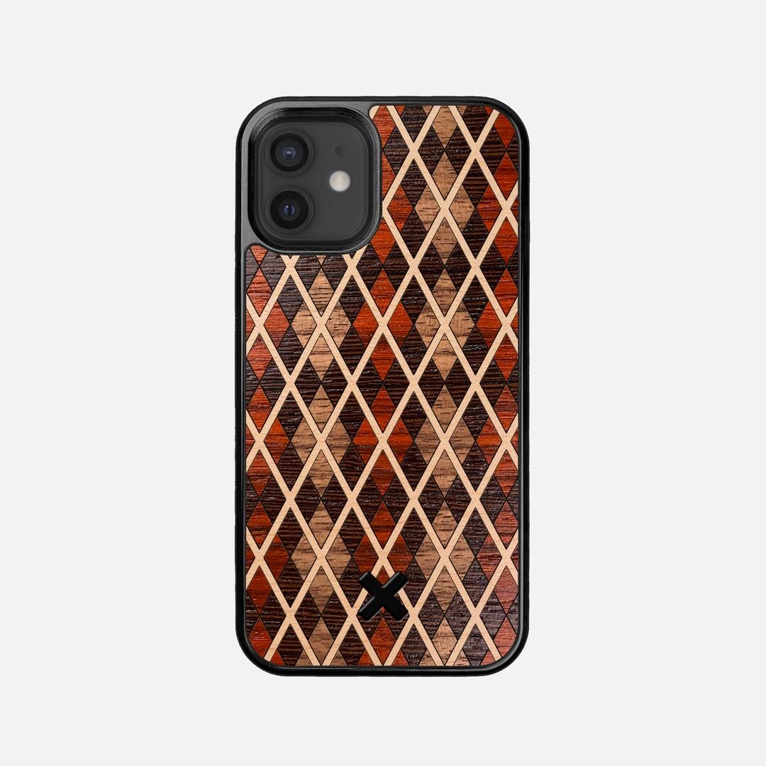 Argyle Case for the Apple iPhone 12 Mini featuring a Walnut, Padauk, Wenge, and Maple Wood backer with the Keyway X Mark#Phone Model_iPhone 12 Mini