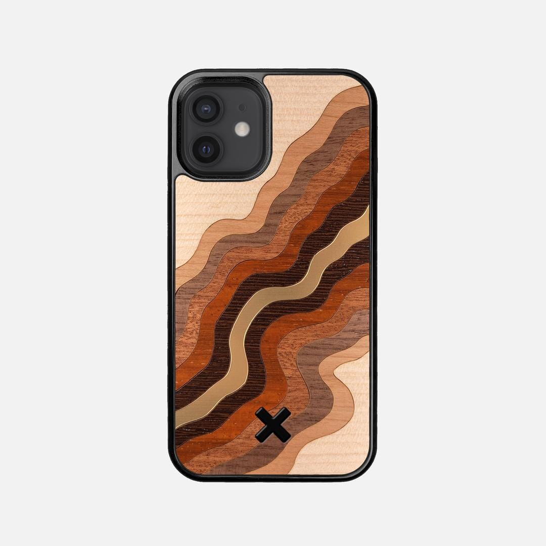 Canyon Case for the Apple iPhone 12 Mini featuring a flowing Gold, Maple, Cherry, Walnut, Sapele, Padauk, and Wenge Wood backer with the Keyway X Mark#Phone Model_iPhone 12 Mini
