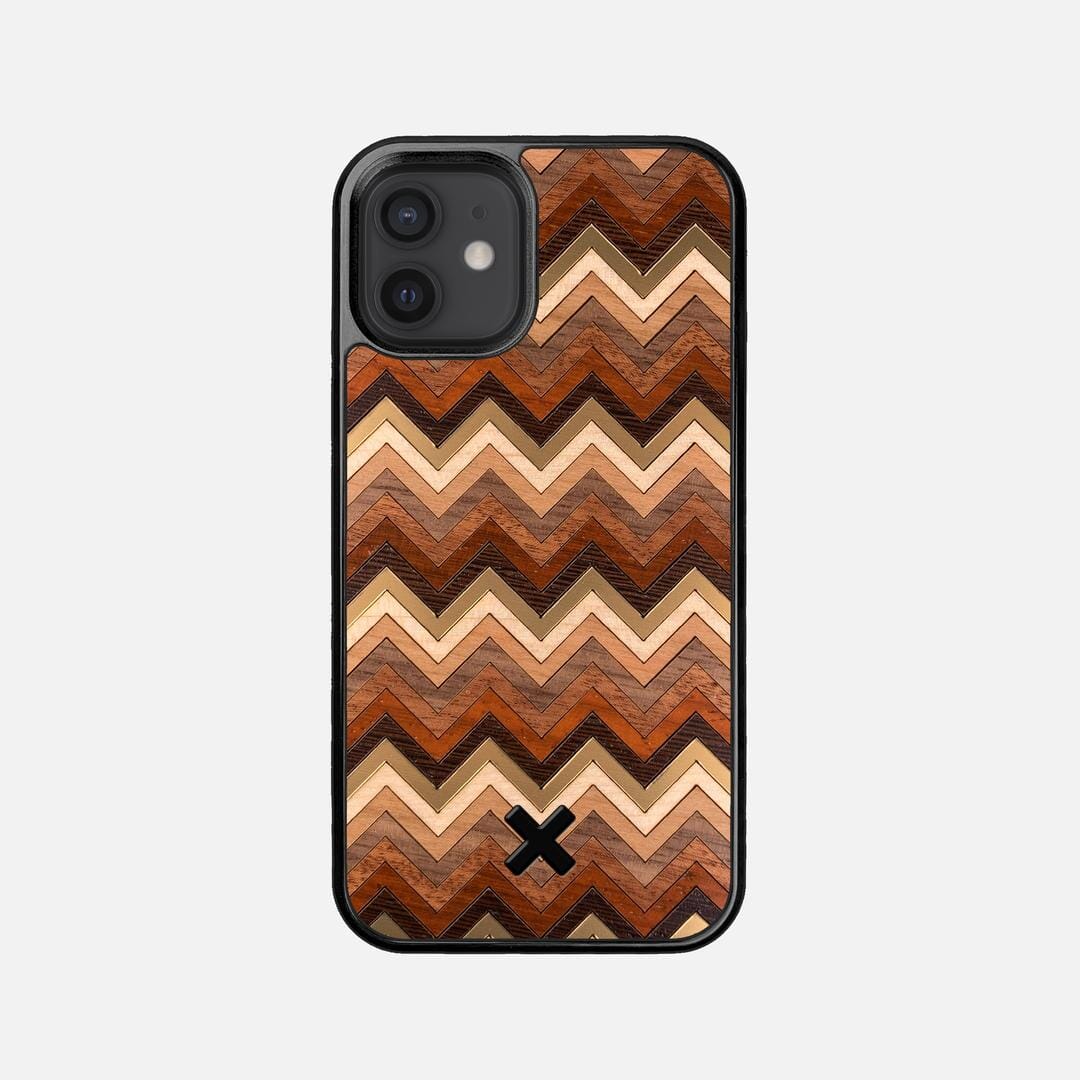 Echo Case for the Apple iPhone 12 Mini featuring a zigzag Gold, Maple, Cherry, Walnut, Sapele, Padauk, and Wenge Wood backer with the Keyway X Mark#Phone Model_iPhone 12 Mini