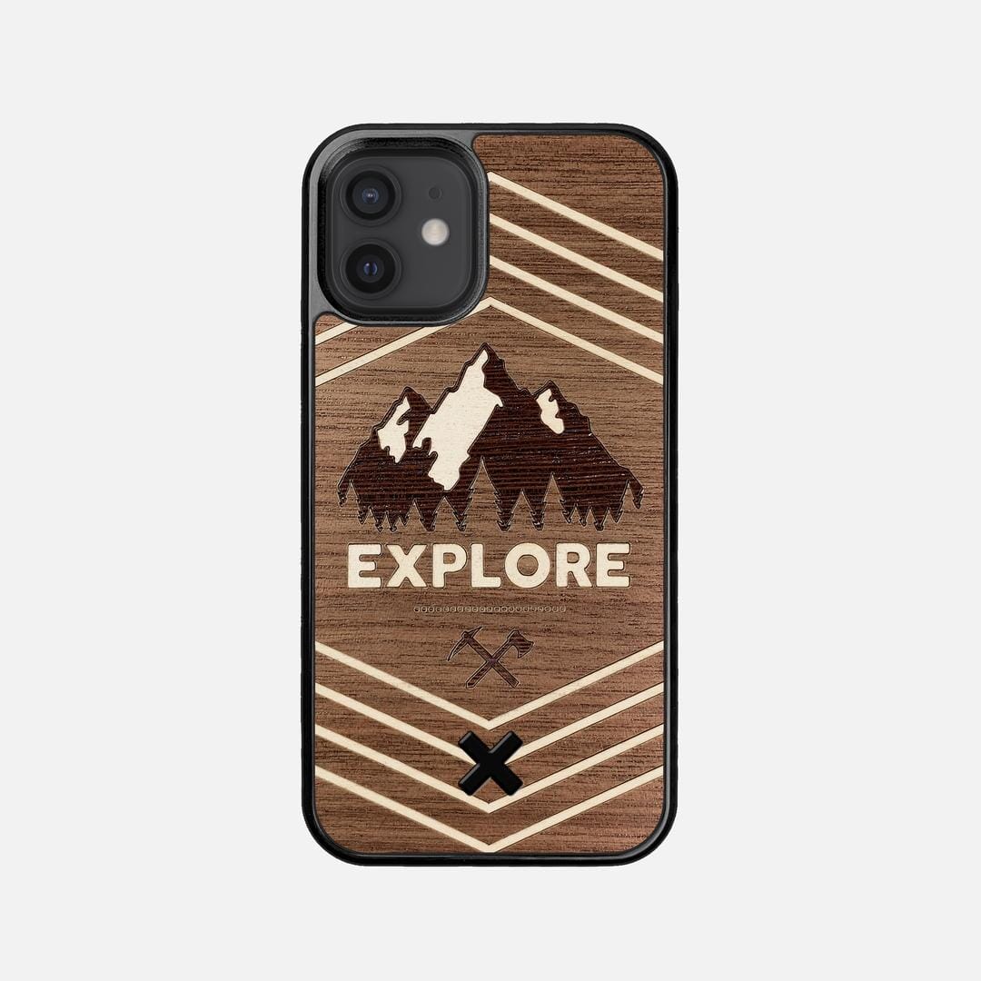 Explore Case for the Apple iPhone 12 Mini featuring a Wenge and Maple Mountain Range inlay on a Walnut Wood backer with the Keyway X Mark#Phone Model_iPhone 12 Mini