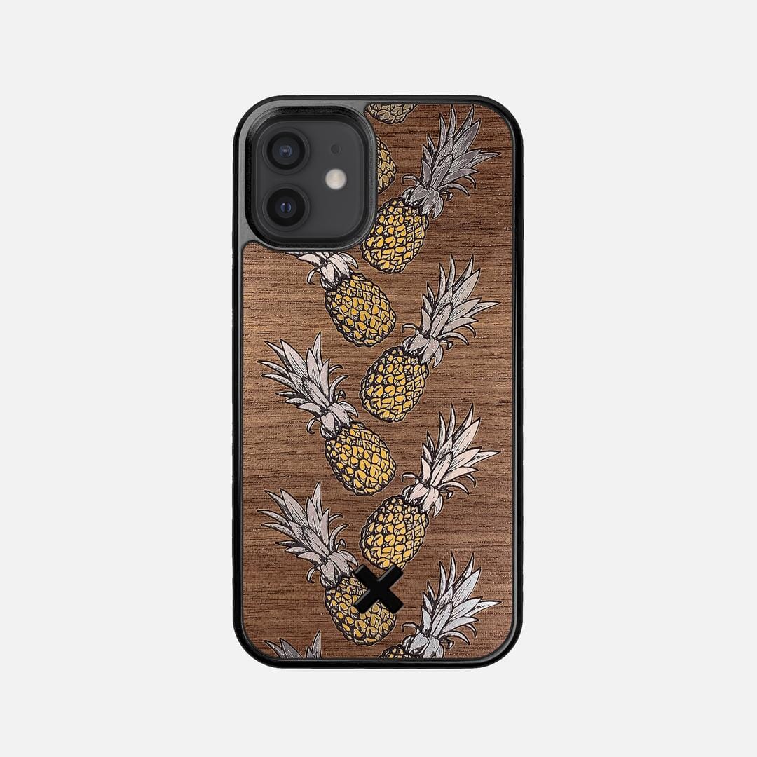 Pineapple Case for the Apple iPhone 12 Mini featuring a repeating gold and silver Pineapple inlay on a Walnut Wood backer with the Keyway X Mark#Phone Model_iPhone 12 Mini