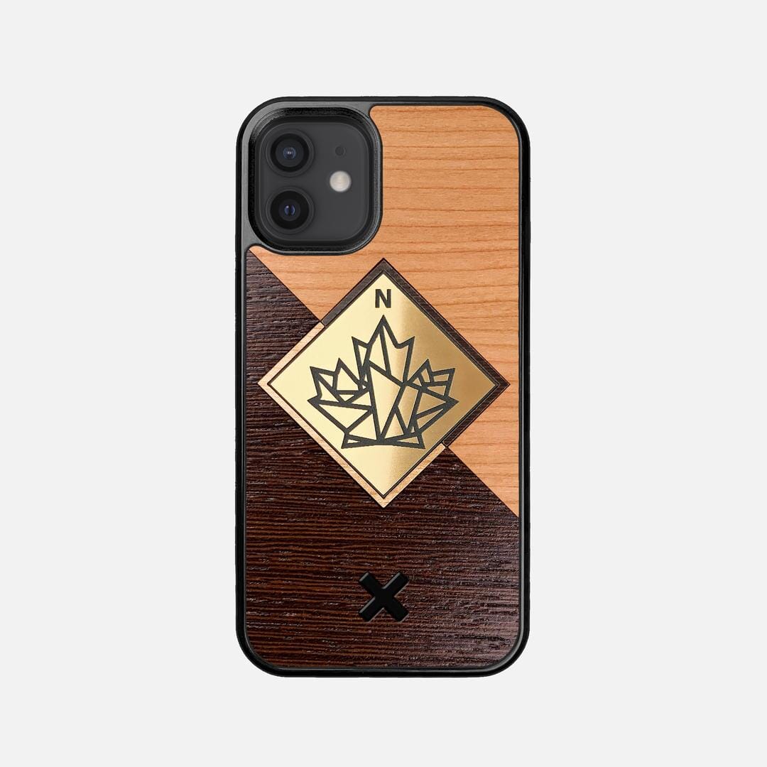True North Case for the Apple iPhone 12 Mini featuring an Engraved Gold, Cherry, and Wenge Wood backer with the Keyway X Mark#Phone Model_iPhone 12 Mini
