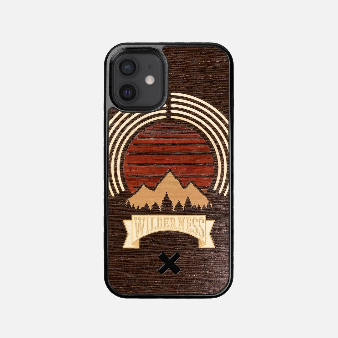 Wilderness Case for the Apple iPhone 12 Mini featuring a Maple, Padauk, and Cherry Sunset inlay on a Wenge Wood backer with the Keyway X Mark#Phone Model_iPhone 12 Mini