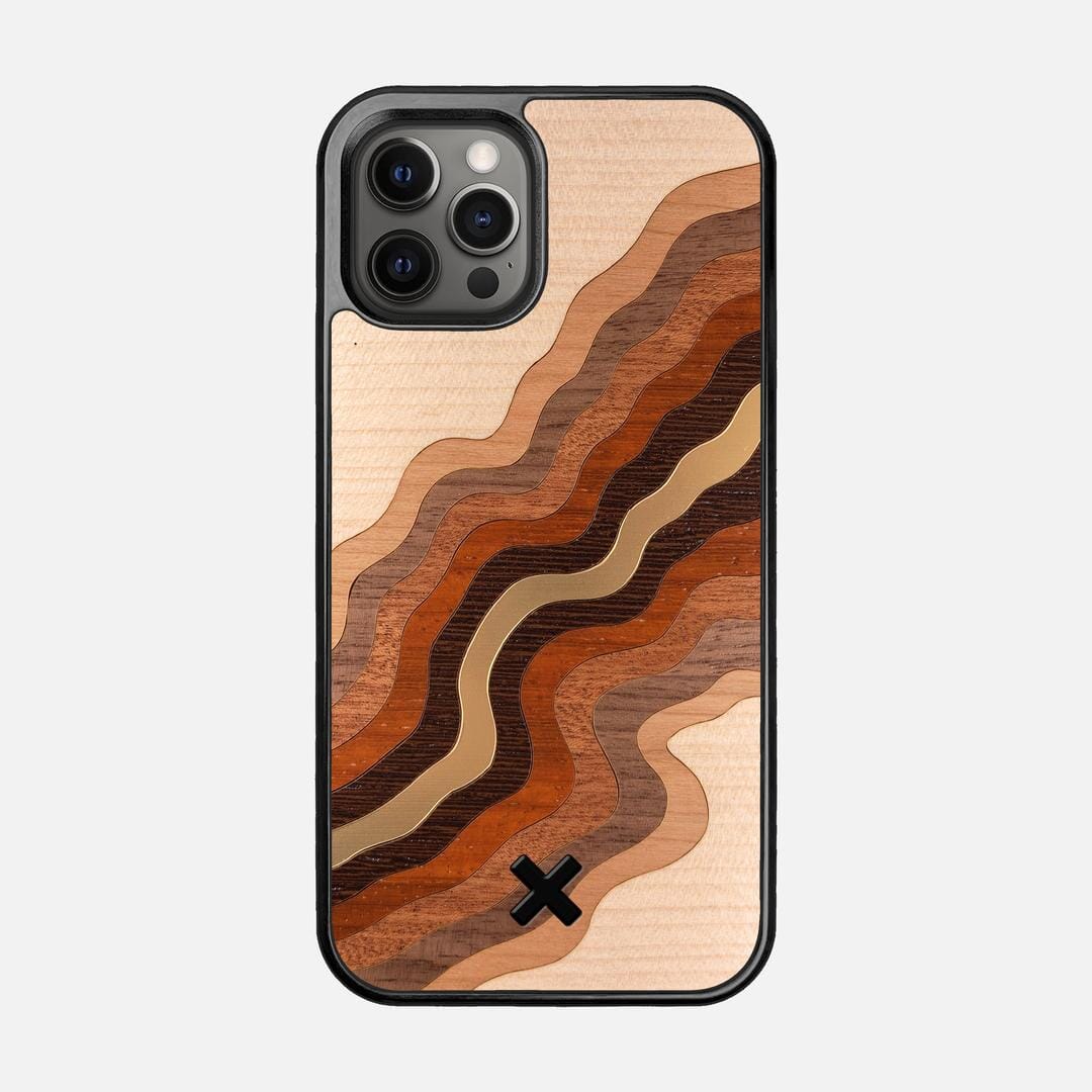 Canyon Case for the Apple iPhone 12 Pro featuring a flowing Gold, Maple, Cherry, Walnut, Sapele, Padauk, and Wenge Wood backer with the Keyway X Mark#Phone Model_iPhone 12 Pro