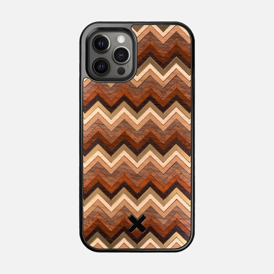 Echo Case for the Apple iPhone 12 Pro featuring a zigzag Gold, Maple, Cherry, Walnut, Sapele, Padauk, and Wenge Wood backer with the Keyway X Mark#Phone Model_iPhone 12 Pro