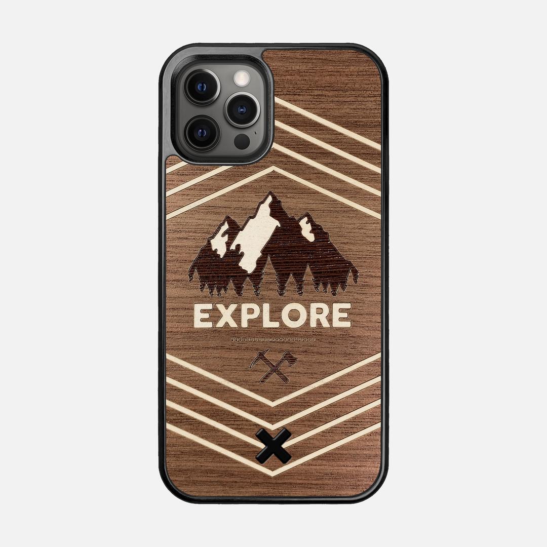 Explore Case for the Apple iPhone 12 Pro featuring a Wenge and Maple Mountain Range inlay on a Walnut Wood backer with the Keyway X Mark#Phone Model_iPhone 12 Pro