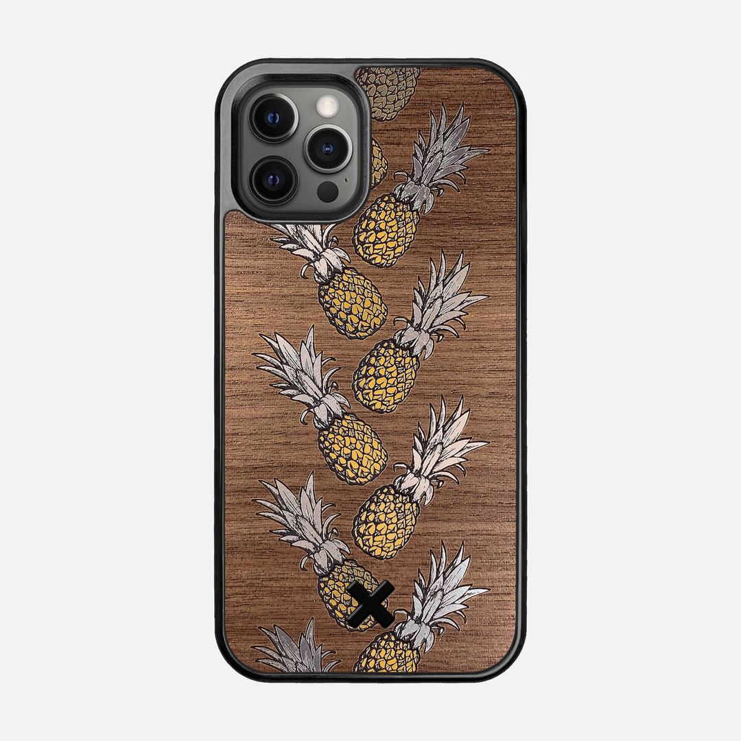 Pineapple Case for the Apple iPhone 12 Pro featuring a repeating gold and silver Pineapple inlay on a Walnut Wood backer with the Keyway X Mark#Phone Model_iPhone 12 Pro