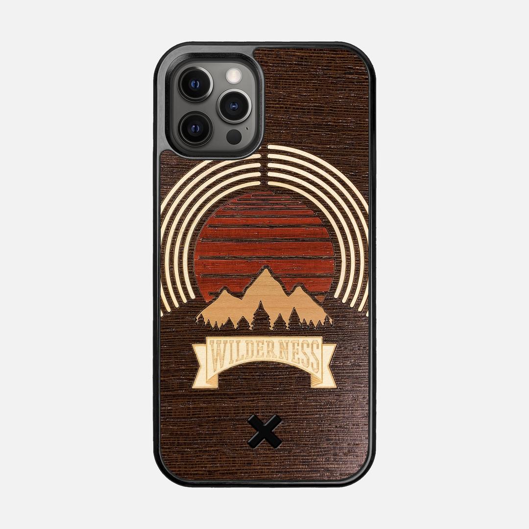 Wilderness Case for the Apple iPhone 12 Pro featuring a Maple, Padauk, and Cherry Sunset inlay on a Wenge Wood backer with the Keyway X Mark#Phone Model_iPhone 12 Pro