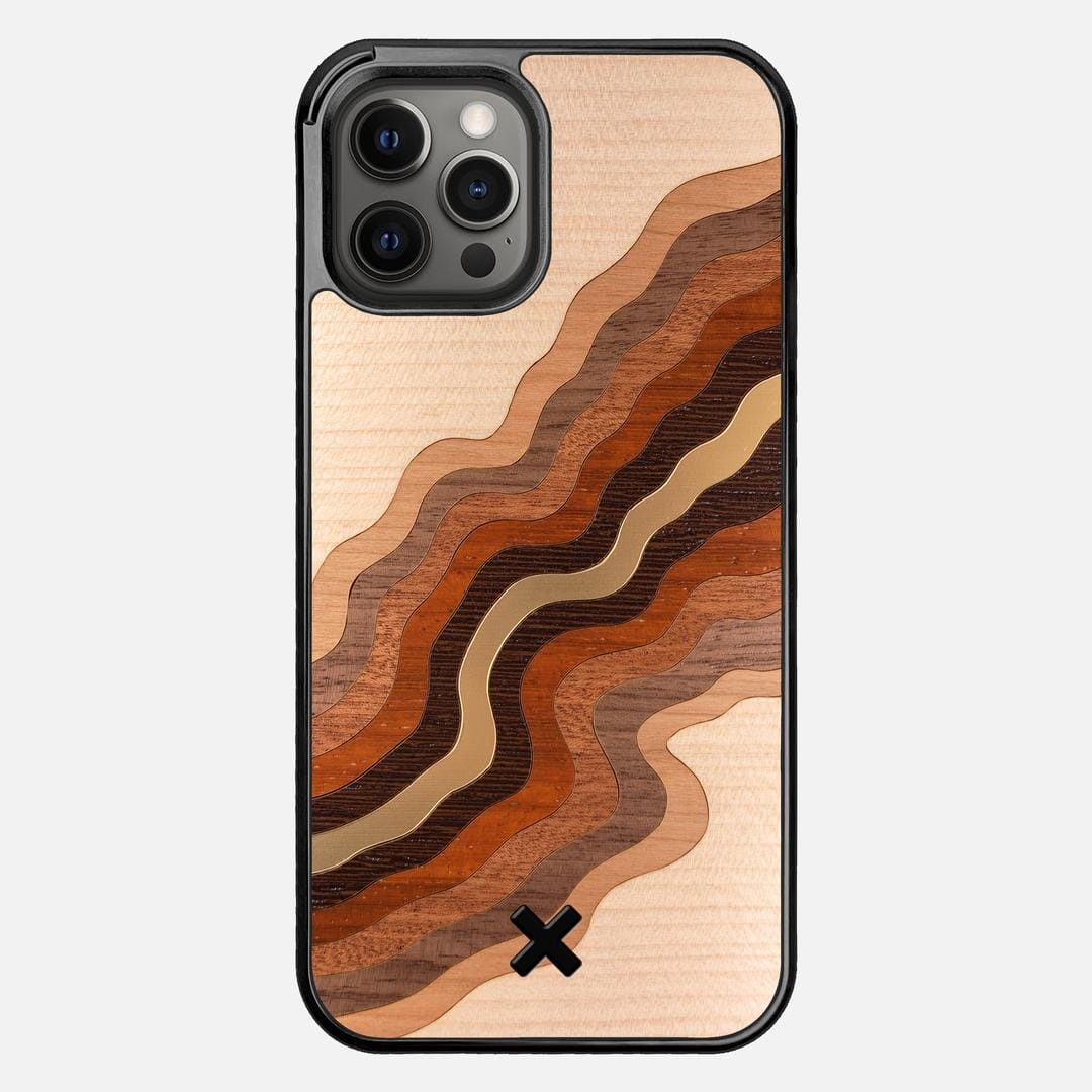 Canyon Case for the Apple iPhone 12 Pro Max featuring a flowing Gold, Maple, Cherry, Walnut, Sapele, Padauk, and Wenge Wood backer with the Keyway X Mark#Phone Model_iPhone 12 Pro Max