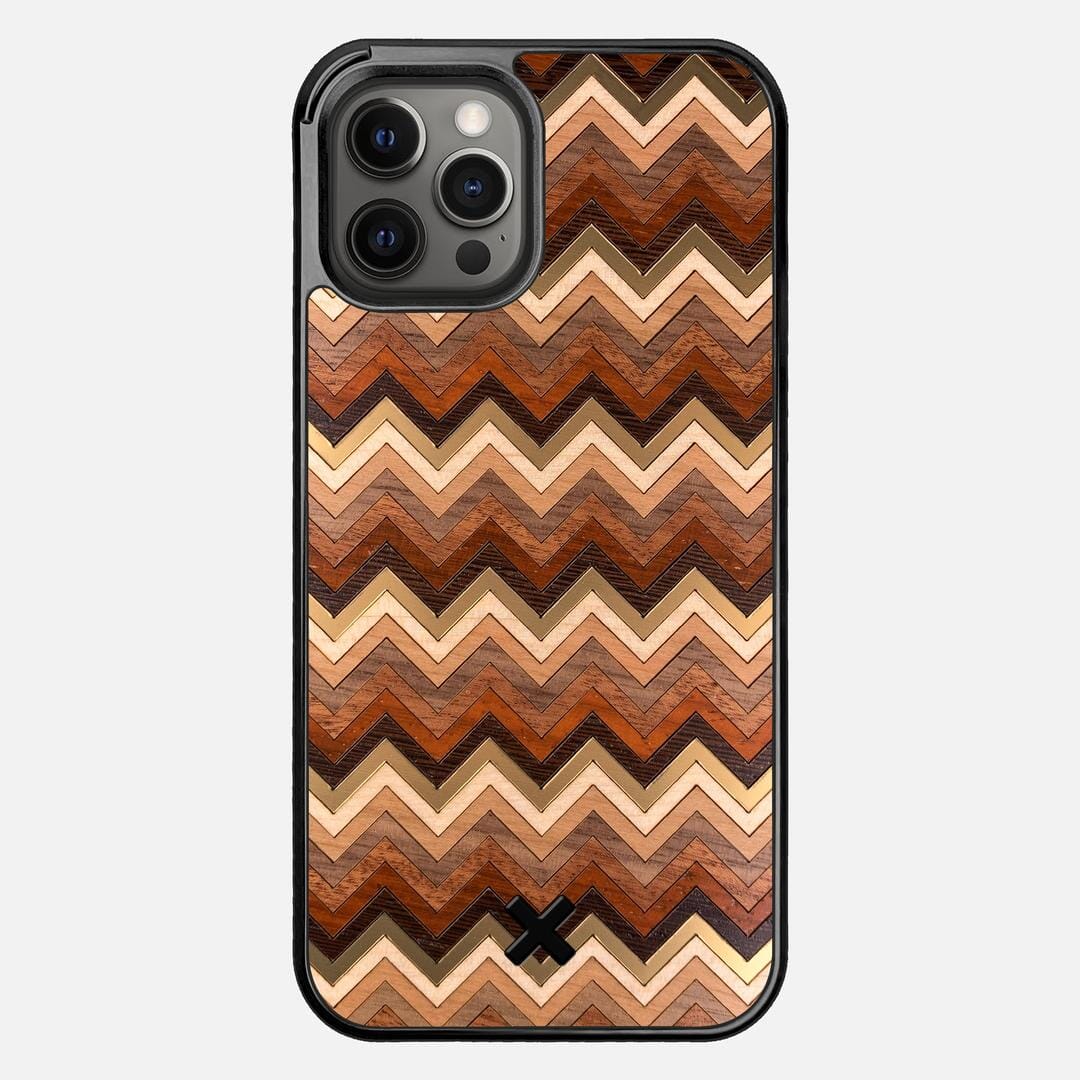Echo Case for the Apple iPhone 12 Pro Max featuring a zigzag Gold, Maple, Cherry, Walnut, Sapele, Padauk, and Wenge Wood backer with the Keyway X Mark#Phone Model_iPhone 12 Pro Max