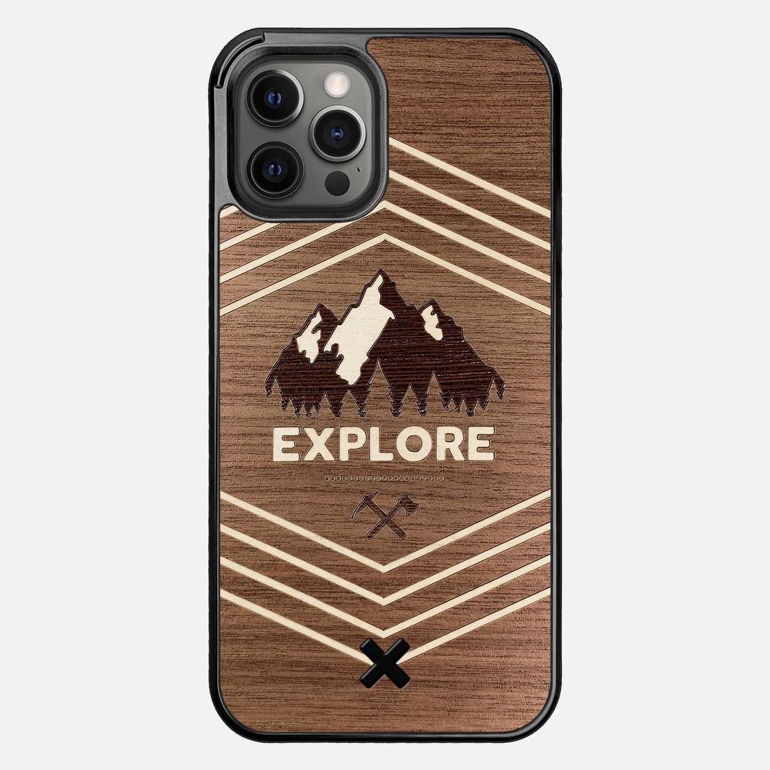 Explore Case for the Apple iPhone 12 Pro Max featuring a Wenge and Maple Mountain Range inlay on a Walnut Wood backer with the Keyway X Mark#Phone Model_iPhone 12 Pro Max