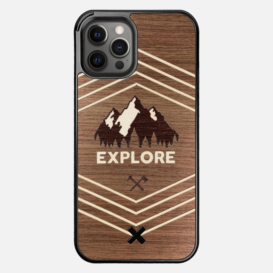 Explore Case for the Apple iPhone 12 Pro Max featuring a Wenge and Maple Mountain Range inlay on a Walnut Wood backer with the Keyway X Mark#Phone Model_iPhone 12 Pro Max