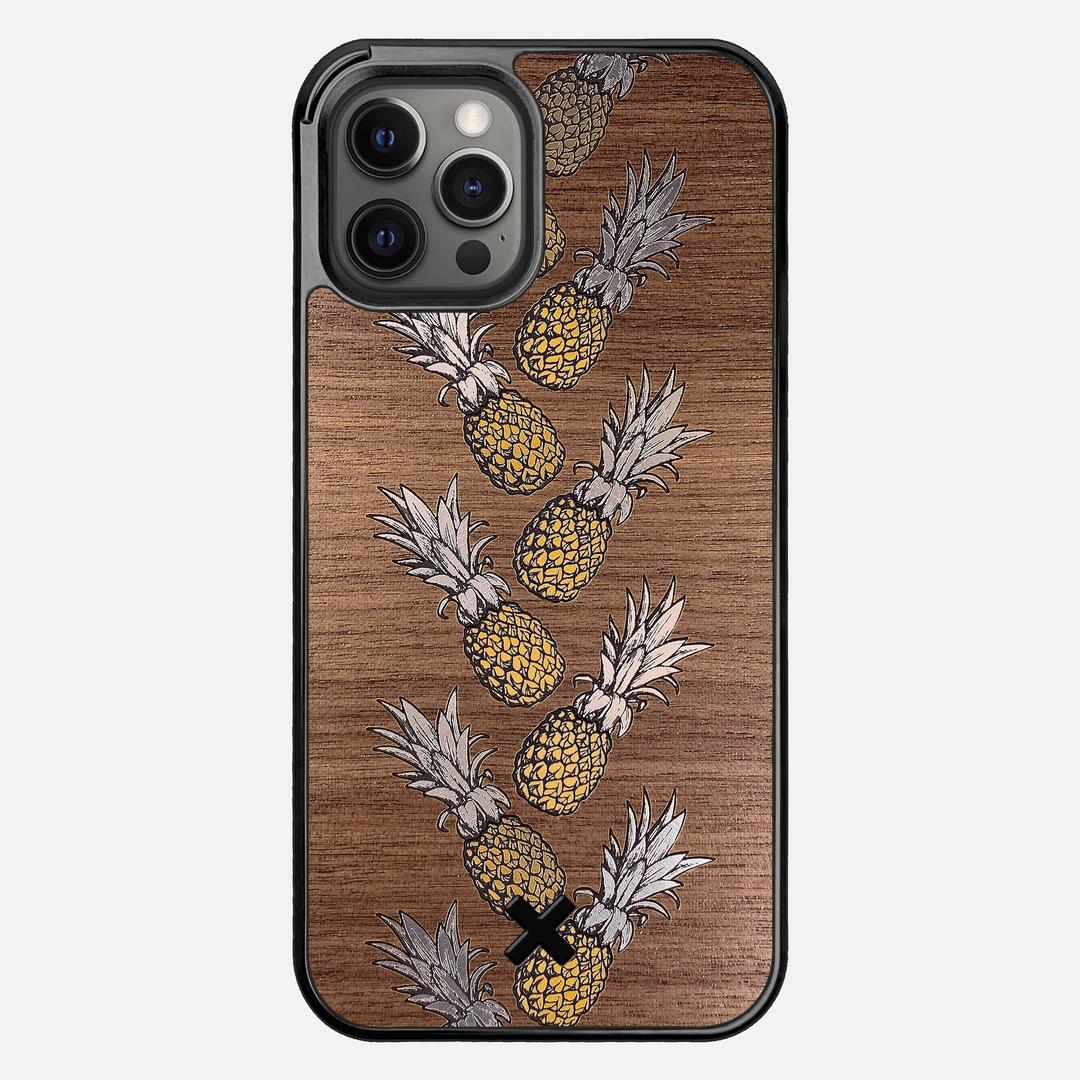 Pineapple Case for the Apple iPhone 12 Pro Max featuring a repeating gold and silver Pineapple inlay on a Walnut Wood backer with the Keyway X Mark#Phone Model_iPhone 12 Pro Max