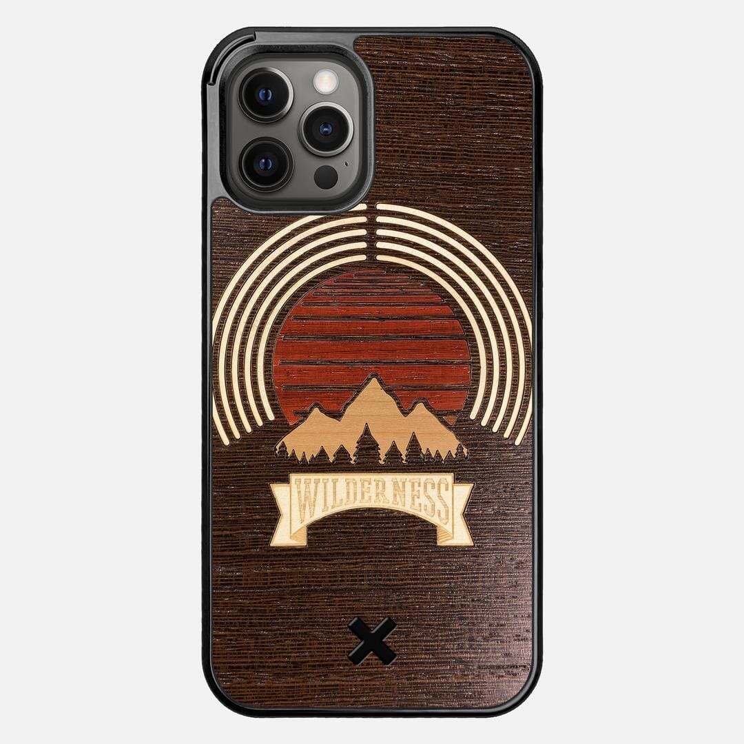 Wilderness Case for the Apple iPhone 12 Pro Max featuring a Maple, Padauk, and Cherry Sunset inlay on a Wenge Wood backer with the Keyway X Mark#Phone Model_iPhone 12 Pro Max
