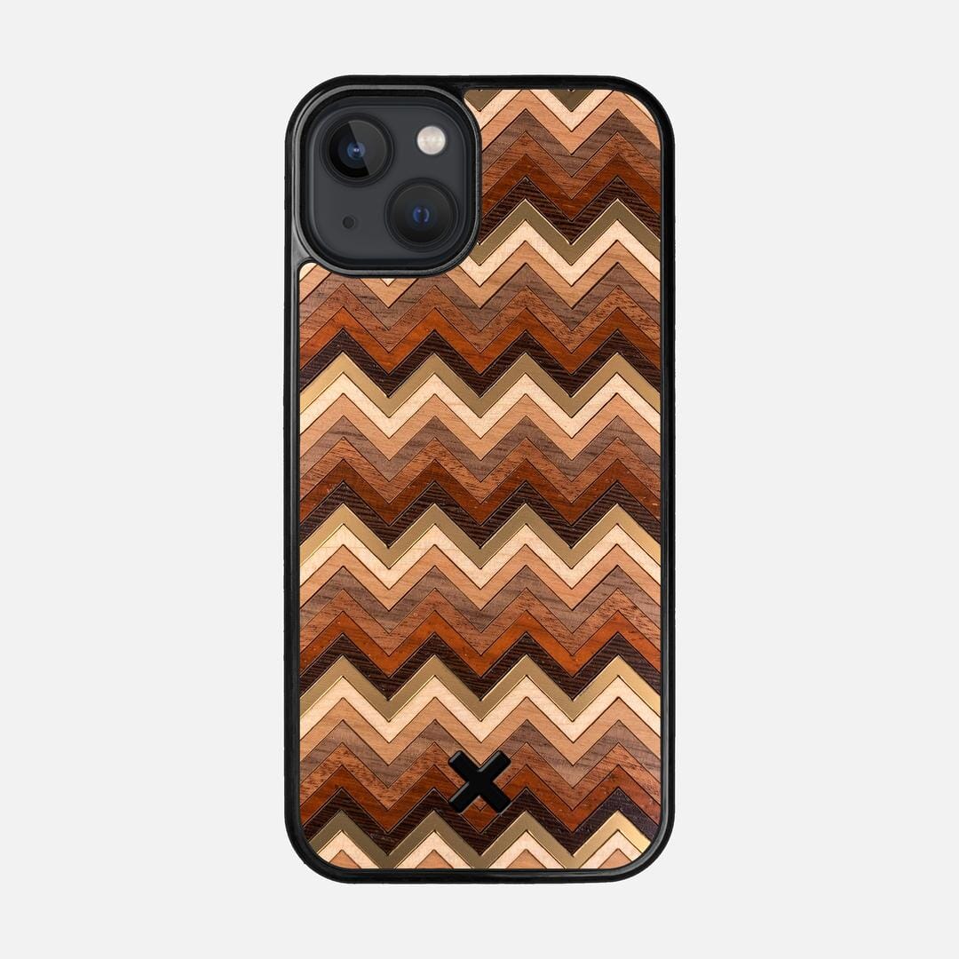 Echo Case for the Apple iPhone 13 featuring a zigzag Gold, Maple, Cherry, Walnut, Sapele, Padauk, and Wenge Wood backer with the Keyway X Mark#Phone Model_iPhone 13