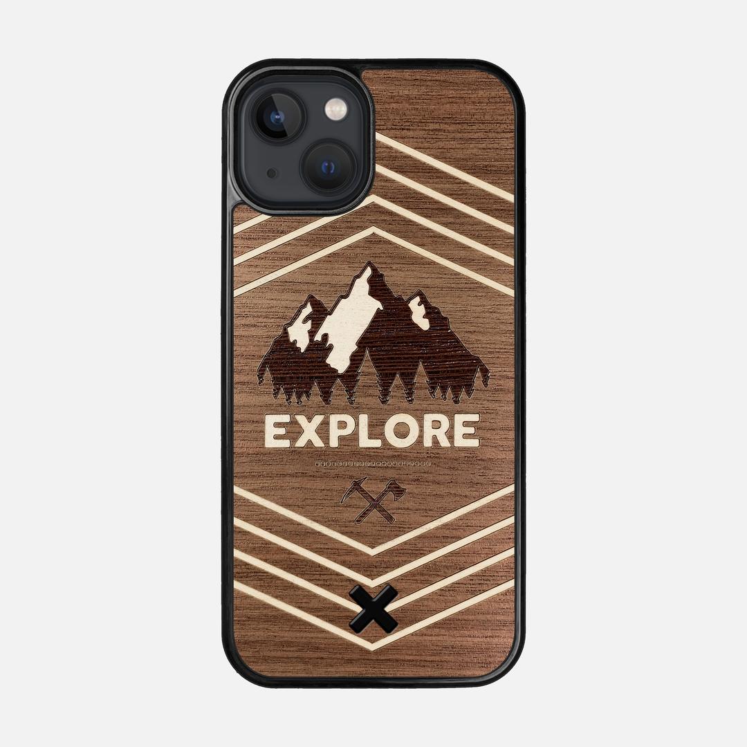 Explore Case for the Apple iPhone 13 featuring a Wenge and Maple Mountain Range inlay on a Walnut Wood backer with the Keyway X Mark#Phone Model_iPhone 13