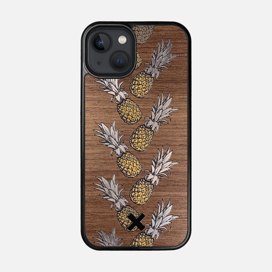 Pineapple Case for the Apple iPhone 13 featuring a repeating gold and silver Pineapple inlay on a Walnut Wood backer with the Keyway X Mark#Phone Model_iPhone 13