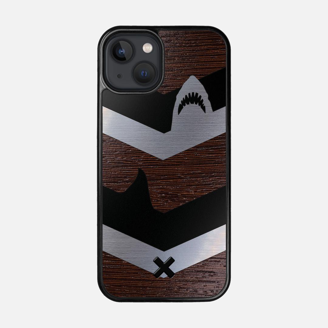 Shark Chevron Case for the Apple iPhone 13 featuring an Engraved Silver and Wenge Wood backer with the Keyway X Mark#Phone Model_iPhone 13