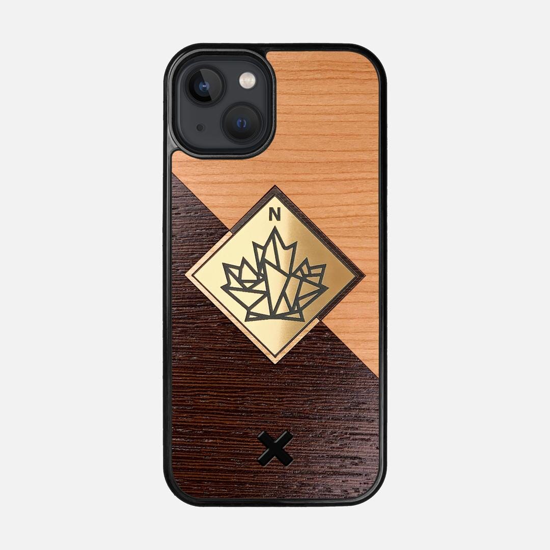 True North Case for the Apple iPhone 13 featuring an Engraved Gold, Cherry, and Wenge Wood backer with the Keyway X Mark#Phone Model_iPhone 13