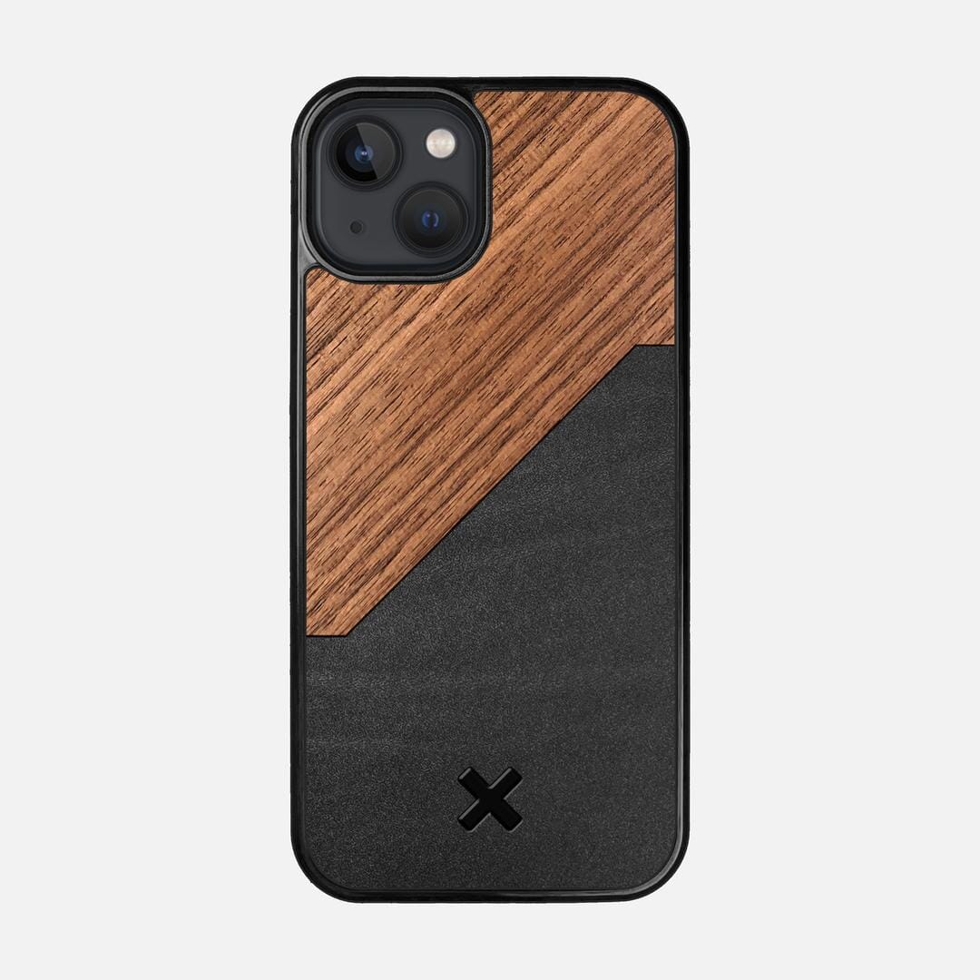 Walnut Rift Case for the Apple iPhone 13 featuring a Genuine Leather and Walnut Wood backer with the Keyway X Mark#Phone Model_iPhone 13