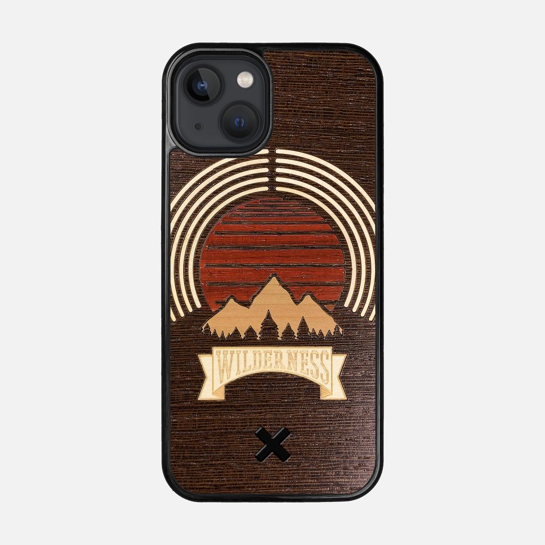 Wilderness Case for the Apple iPhone 13 featuring a Maple, Padauk, and Cherry Sunset inlay on a Wenge Wood backer with the Keyway X Mark#Phone Model_iPhone 13