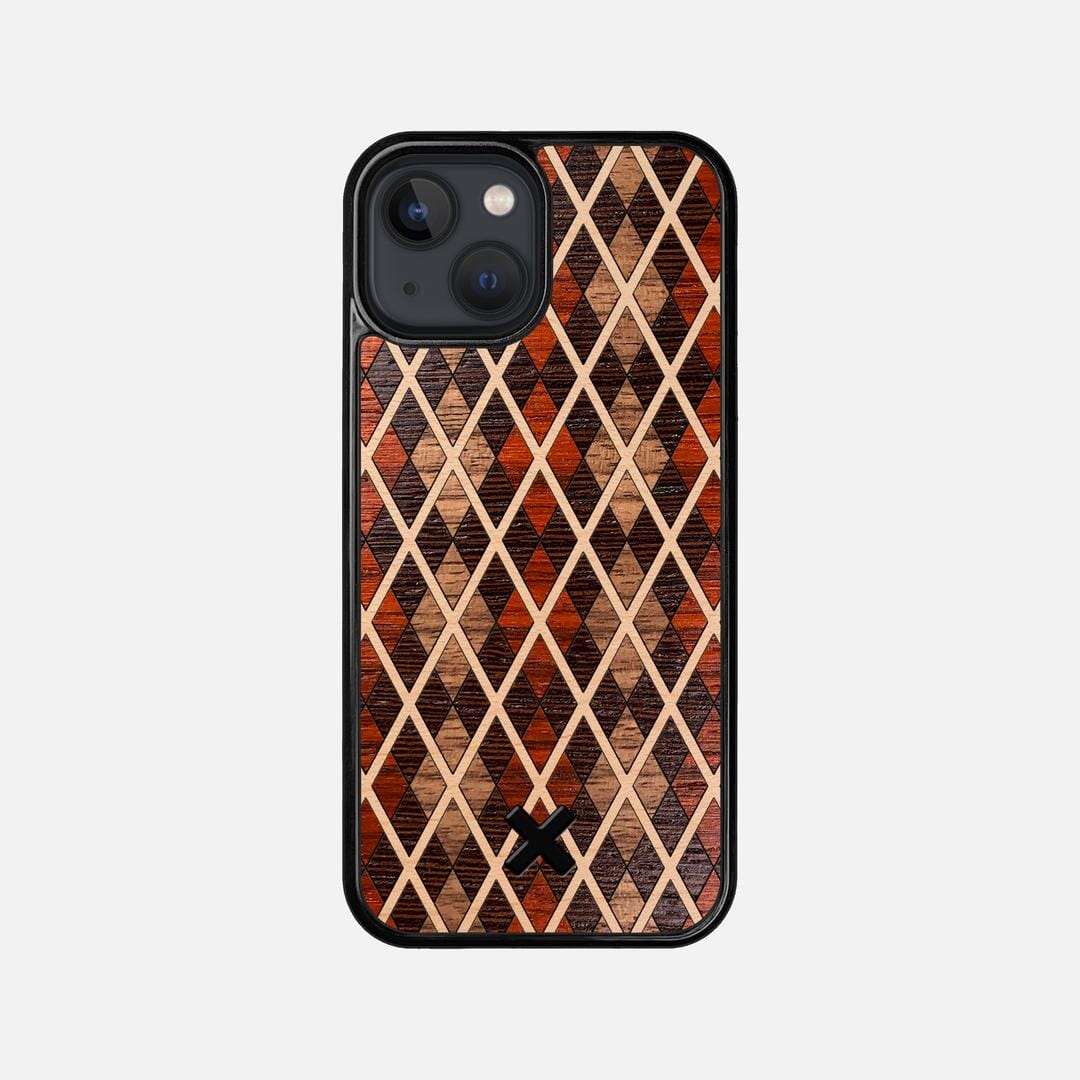 Argyle Case for the Apple iPhone 13 Mini featuring a Walnut, Padauk, Wenge, and Maple Wood backer with the Keyway X Mark#Phone Model_iPhone 13 Mini
