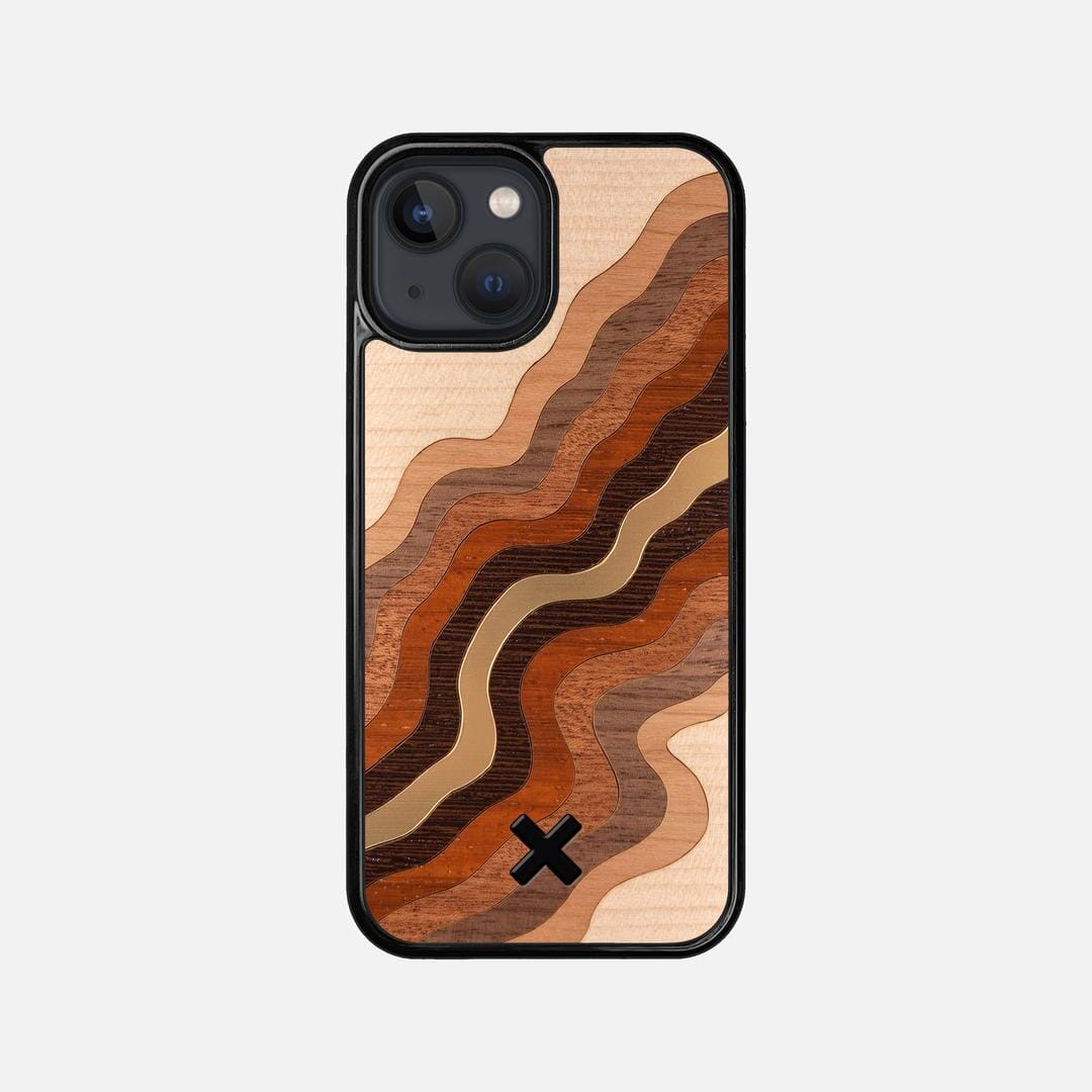 Canyon Case for the Apple iPhone 13 Mini featuring a flowing Gold, Maple, Cherry, Walnut, Sapele, Padauk, and Wenge Wood backer with the Keyway X Mark#Phone Model_iPhone 13 Mini