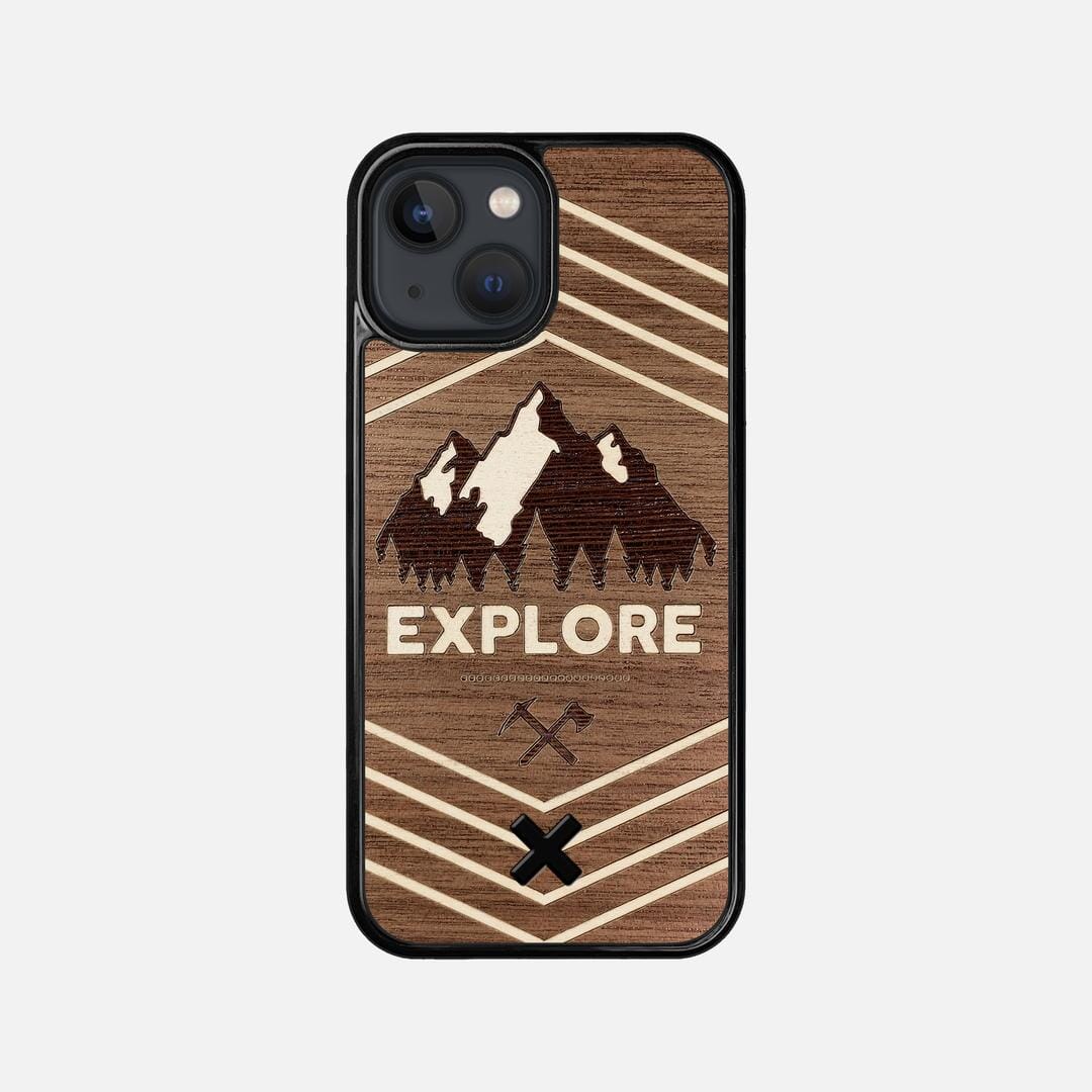 Explore Case for the Apple iPhone 13 Mini featuring a Wenge and Maple Mountain Range inlay on a Walnut Wood backer with the Keyway X Mark#Phone Model_iPhone 13 Mini