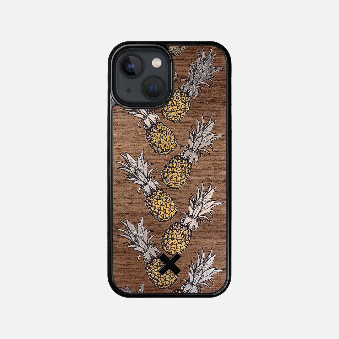 Pineapple Case for the Apple iPhone 13 Mini featuring a repeating gold and silver Pineapple inlay on a Walnut Wood backer with the Keyway X Mark#Phone Model_iPhone 13 Mini