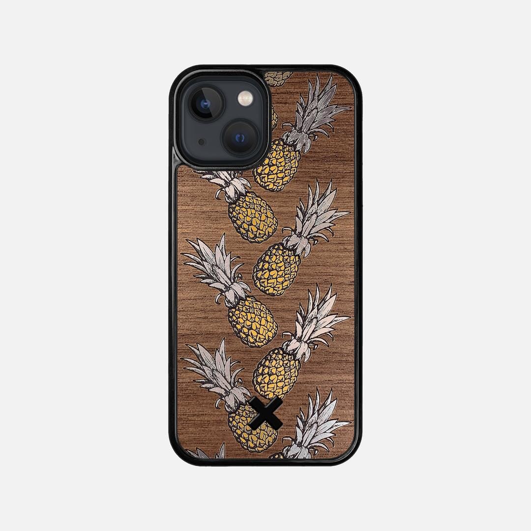 Pineapple Case for the Apple iPhone 13 Mini featuring a repeating gold and silver Pineapple inlay on a Walnut Wood backer with the Keyway X Mark#Phone Model_iPhone 13 Mini