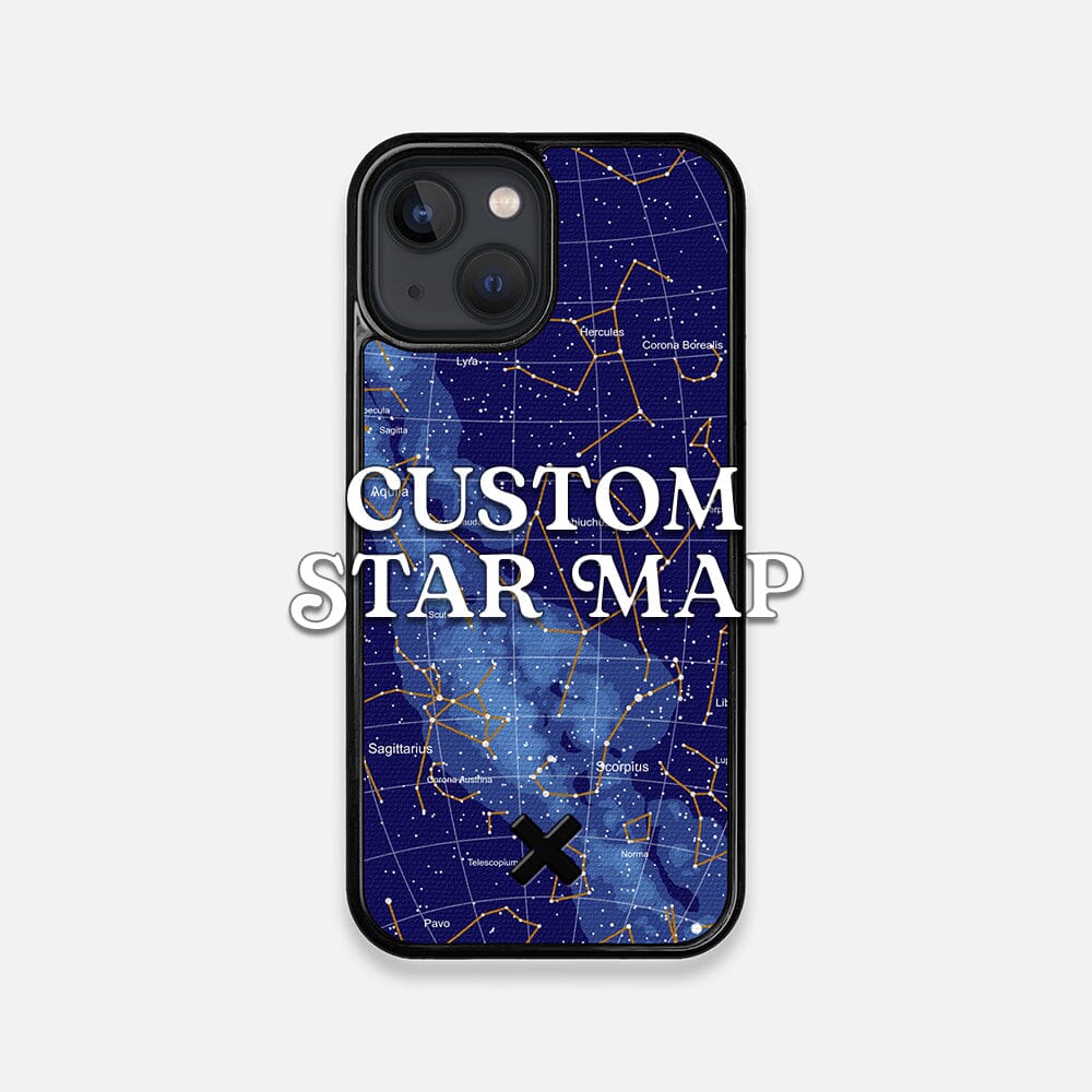Front view of the Custom Star Map Printed Canvas iPhone 13 Mini Case by Keyway Designs